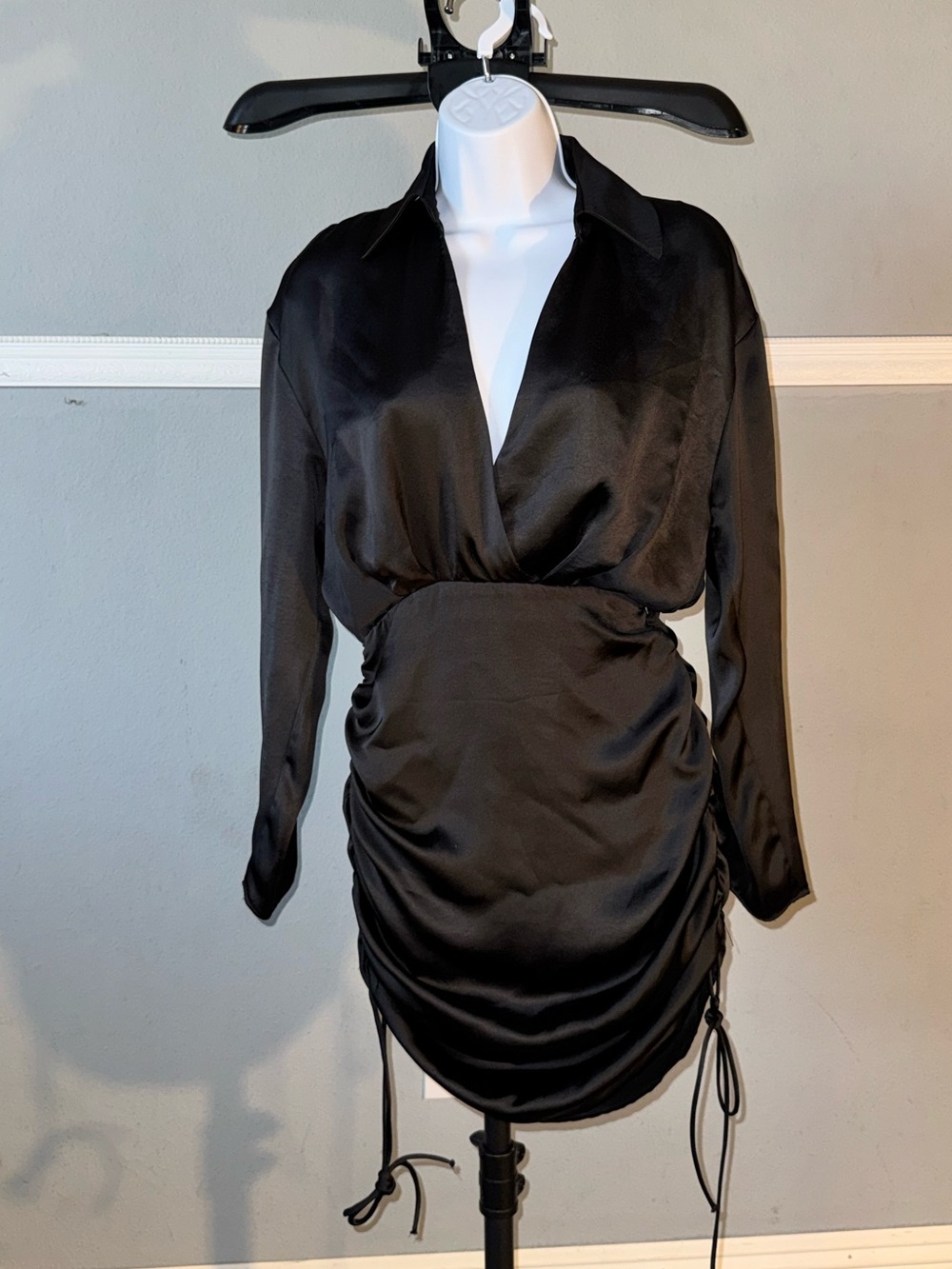 Zara Black Satin Long-Sleeve Ruched Mini Slip Dress